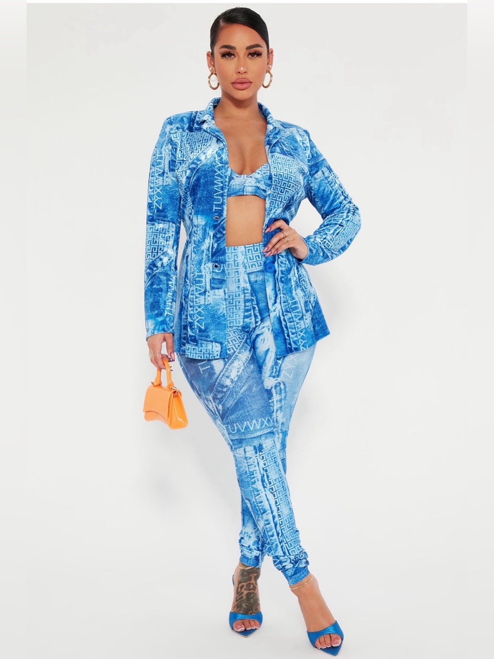 💙 Fashion Nova Denim Blue White 3 Pc Velvet Blazer Jacket Bra Leggings Set XL